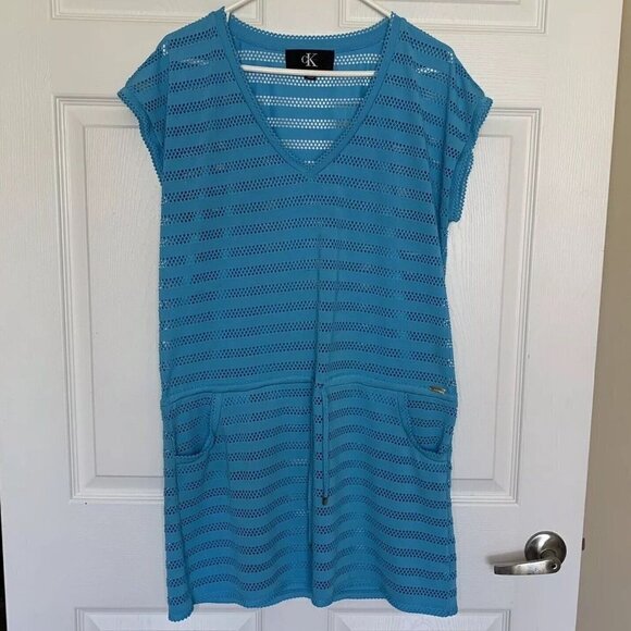 Calvin Klein Women’s Small Short Sleeve Blue Tied Waist Swim Coverup Dress - Picture 1 of 8